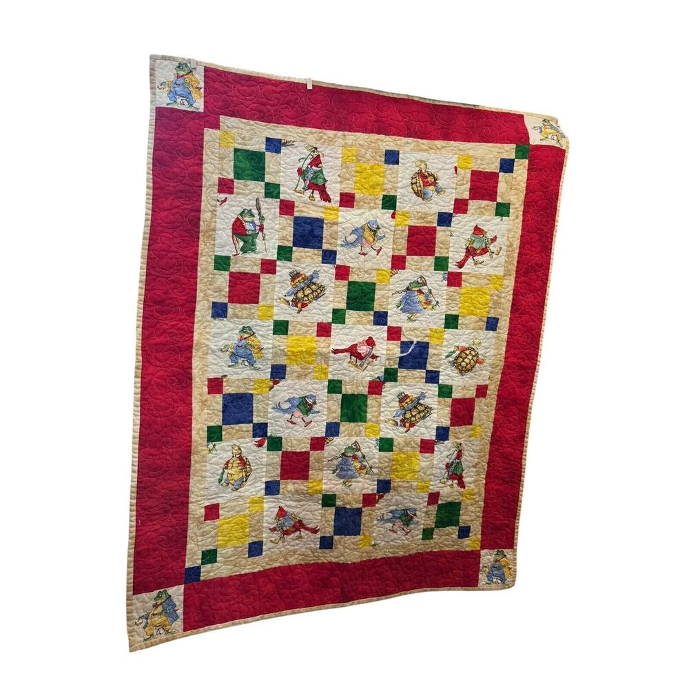 Vintage Handmade Colorful 42x33 Baby Quilt Blanket Frog Turtle Bird Color Block